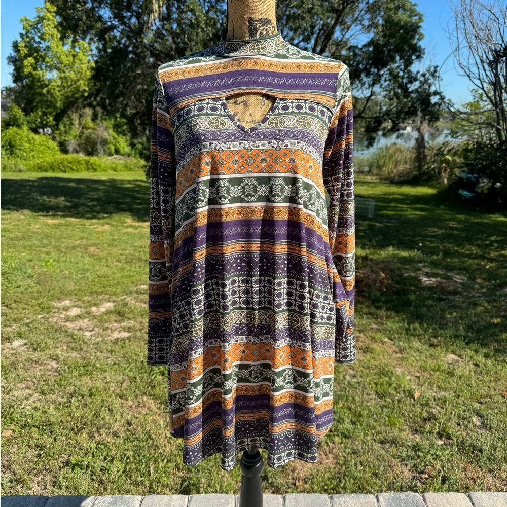 NWOT mts Boho Ling Sleeve Mini Dress Size Small Orange Purple Green Cream